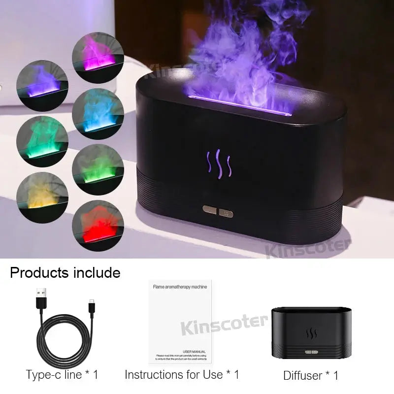 Umidificator și Difuzor de Aromaterapie USB cu Efect de Flacără și 7 Culori LED