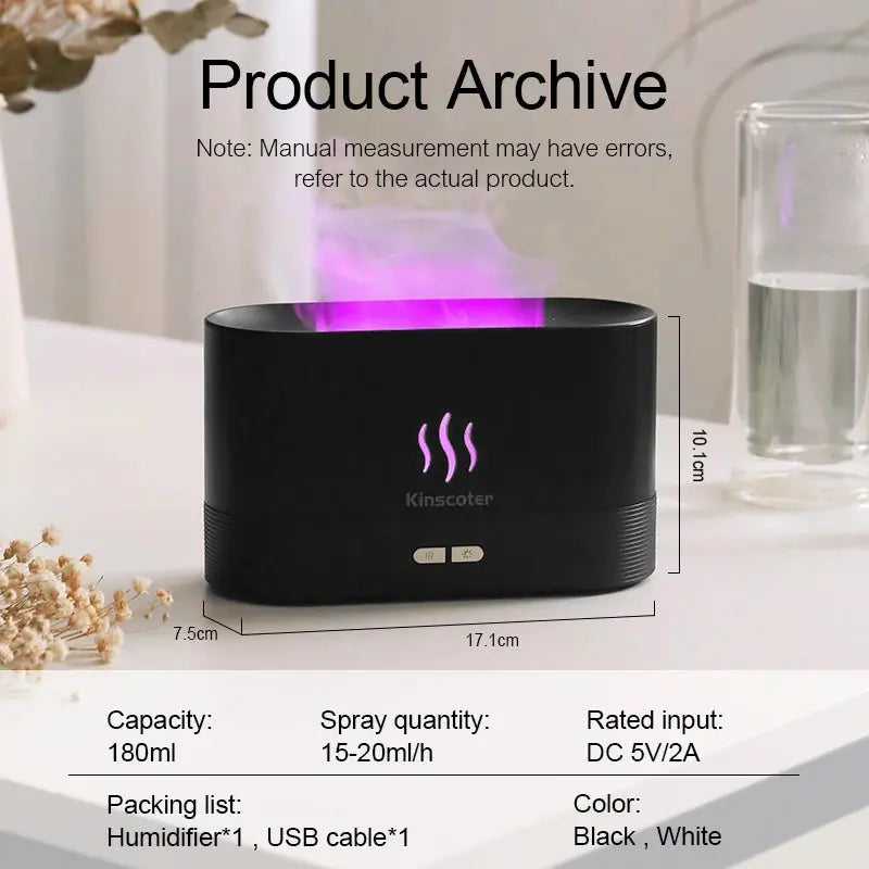 Umidificator și Difuzor de Aromaterapie USB cu Efect de Flacără și 7 Culori LED